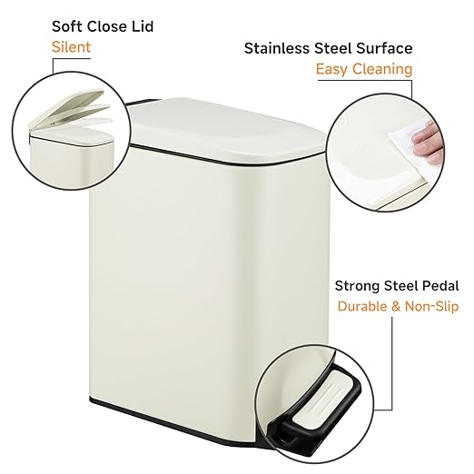 TIPGO Slim Bathroom Trash Can with Lid Soft Close 6 Liter / 1.6 Gallon Stainless Steel Garbage with Removable Inner Bucket Small Trash Bins for Bedroom Office (Cream)