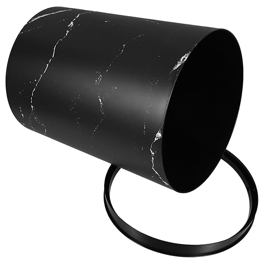 Black Marble Small Wastebasket with Press Ring Plastic Home Office Trash Can for Bathroom Storage and Recycling