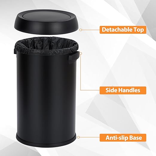 GarveeHome 17 gal/65 L Swing Top Trash Can Stainless Steel Rubbish Bin Commercial Grade Waste Container Round Garbage Can for Outdoor Home Office Restaurant Black