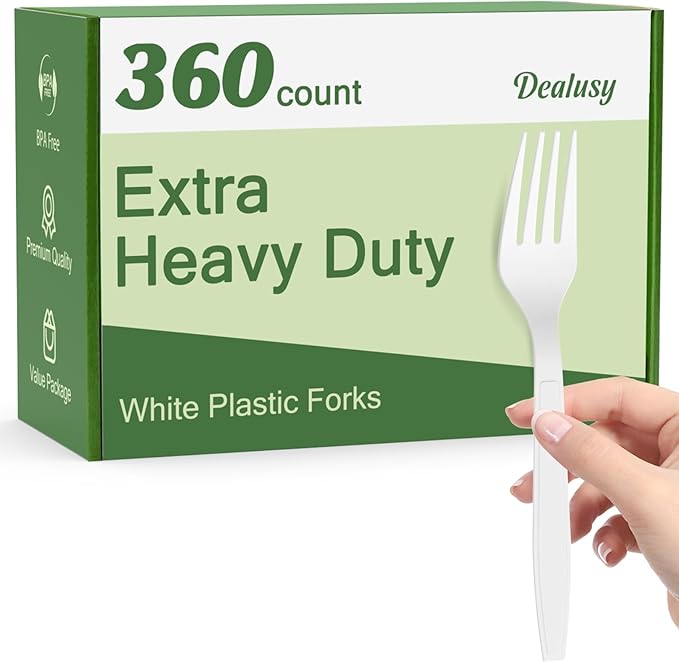 360 Count Extra Heavy Duty White Plastic Forks Disposable BPA-Free Heat Resistant Solid and Durable Disposable Forks Bulk Premium Plastic Forks heavy duty for Party Supply