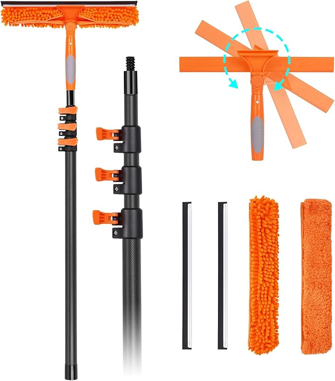 Window Squeegee with Carbon Fiber Extension Pole for Home 3.5 to 12Ft Window Cleaning Kit Tool Outdoor Lightweight Professional Window Washing Kit with Rotatable Head &amp 2 Scrubbers 2 in 1