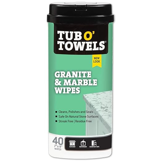 Tub O' Towels Granite &amp Marble Cleaning Wipes – Polish &amp Protect Stone Surfaces 40-Count Pack – Safe for Granite Marble Quartz Countertop – Streak-Free Shine USA Made Eco-Friendly