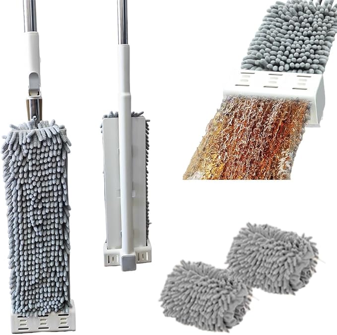 Hand-Free Self Microfiber Cleaning Mop Set - Dry &amp Wet Use for Hardwood FloorsWoodTile &amp Vinyl with 2pcs Large 45cm/17.72inch Washable Chenille Pads (Mop with 2 Fibers)