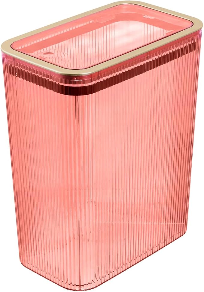 Glad Bathroom Trash Can 2.6 Gallon (10L) - Slim Plastic Waste Basket with Pop-Up Lid and Bag Ring - Colored Clear Trash Can for Bedroom Office College Dorm - Blush