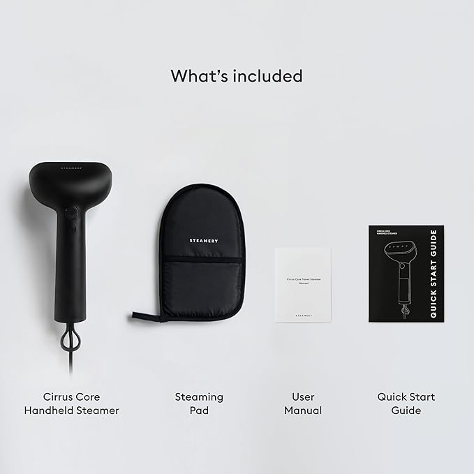 Steamery Handheld Clothes Steamer Cirrus Core 1350W Steam Output 0.74 oz/min Heat up in 15 Seconds Dry Steam Technology Hanging Loop Visible Water Tank Portable Scandinavian Design Black