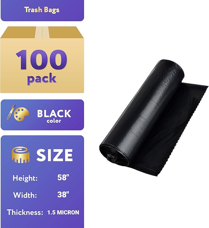 APQ Outdoor Trash Bags Large 38 x 58 Pack of 100 Black Trash Can Liners Thin 1.5 Mil Polyethylene Big Garbage Bags Unscented Leakproof Waste Basket Bags 60 Gallons Kitchen Waste Basket Liner