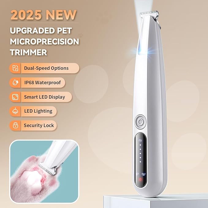 2026 New Pet Precision Trimmer Dog Paw Trimmer with LED Light Low Noise IP68 Waterproof Dual-Speed Motor Suit for Trimming Paw Ear Face Butt Eyebrows USB Rechageble