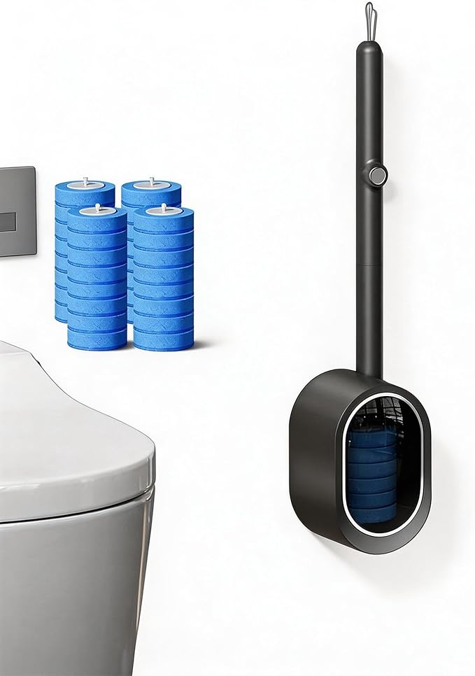 Disposable Toilet Bowl Cleaner Wand 32pcs Wall Mounted Toilet Brush and Holder for Deep Cleaning Bathroom Convenient Disposable Toilet Cleaning Solution (Black)
