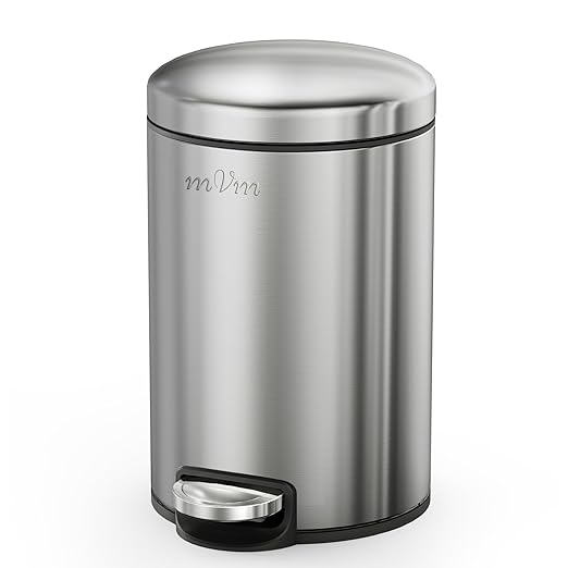 mVm Bathroom Trash Can3.2Gallon(12L) Office Trash Cans Step Round Garbage Can with Lid Soft-Close Anti-Fingerprint.Brushed Stainless Steel Trash Can for BathroomOfficeBedroomLiving Room(Gray)