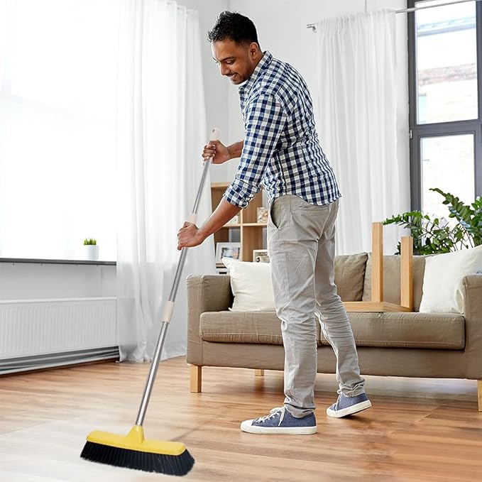 Push Broom with Long Handle Floor Brush 49.6 inch Soft Bristle Broom 12.2 Wide for Cleaning Bathroom Kitchen Patio Garage Deck Tile Floor