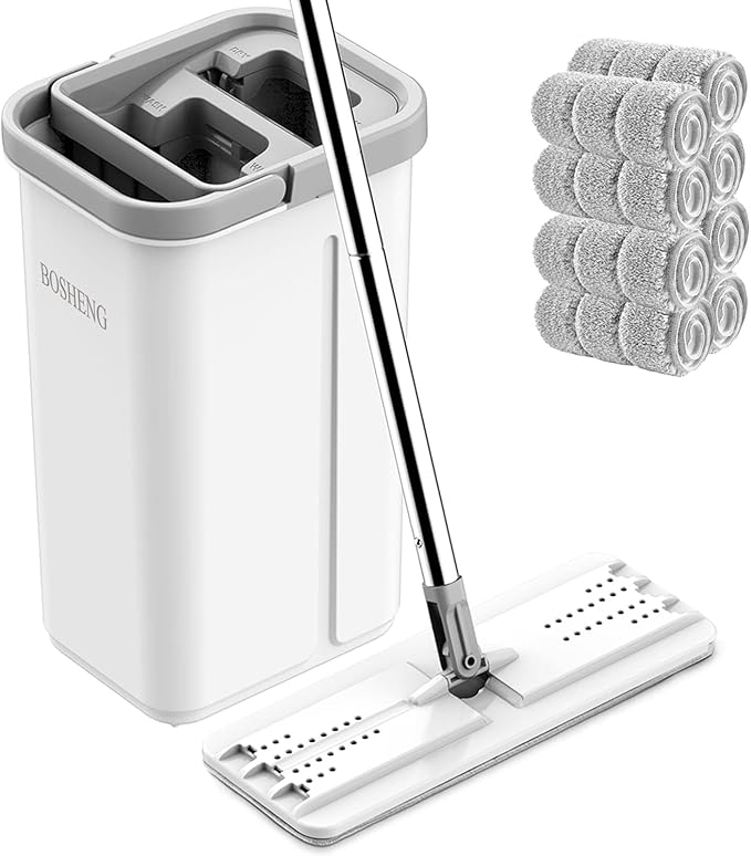 Mop and Bucket with Wringer Set Hands Free Flat Floor Mop and Bucket 8 Washable Microfiber Pads Included Wet and Dry Use Home Floor Cleaning System for All Floor Types and Windows