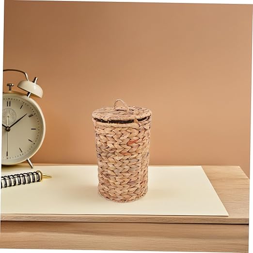 Zerodeko Natural Woven Hyacinth Trash Can with Lid Decorative Rattan Wastebasket for Bathroom Bedroom Kitchen Multi Purpose Storage Bin for Essentials Compact Lightweight Design