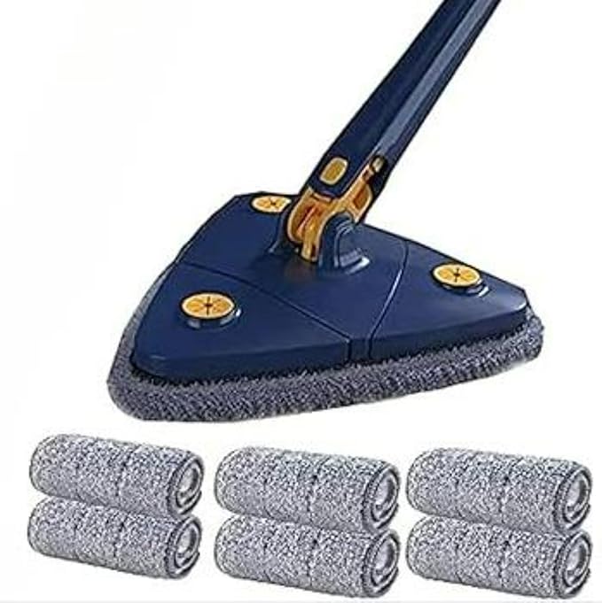 360° Adjustable Rotating Cleaning Mop Triangular Mop with Compressed Water Automatic Cleaning for Kitchen Walls Ceiling Corners (Blue + 6 Fabric)
