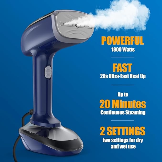 Powerful Handheld Fabric Steamer - 1800W with Fast Ceramic Heat-Up Plate 2-in-1 Ironing &amp Wrinkle Remover US Plug White