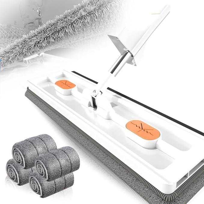 Large Flat Mop New Upgrade Style Large Flat Mop for Wet and Dry Use360 Rotating Dust Mop with Dewatering Scraper with 2 Scraper 12027(White with 4 Mop)