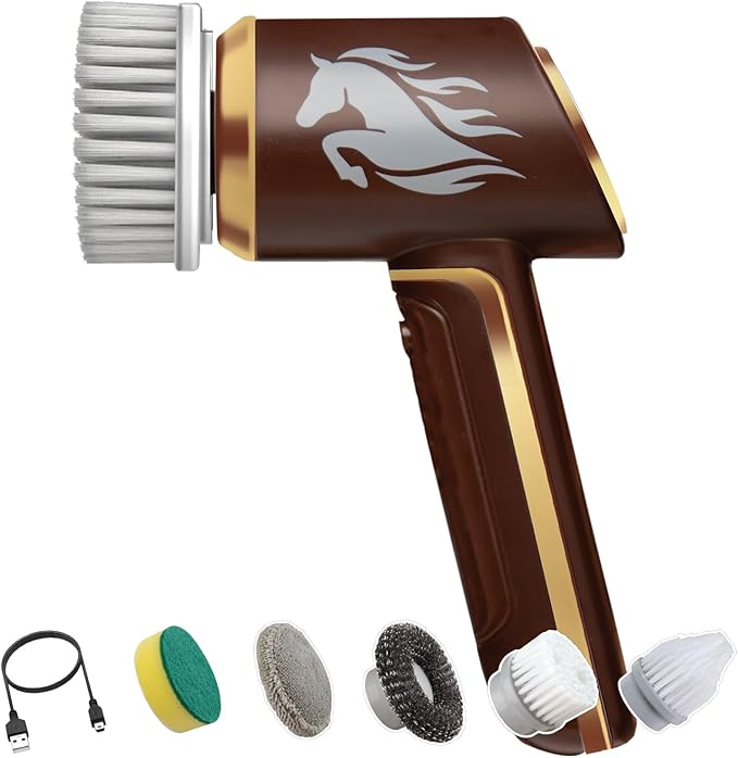 Horsepower Scrubber Gold Edition Longer Battery Life Electric Power Rechargeable Spins 350 RPM Waterproof 5 Brush Heads AS SEEN ON TV Cleans Dirt &amp Grime: Bathrooms Kitchen Indoors/Outdo