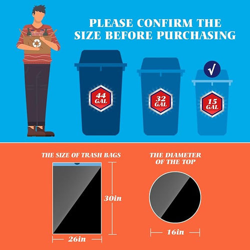 15 Gallon 120 Counts Strong Drawstring Trash Bags Garbage Bags by Teivio Bathroom Trash Can Bin Liners Plastic Bags for home office kitchen Black