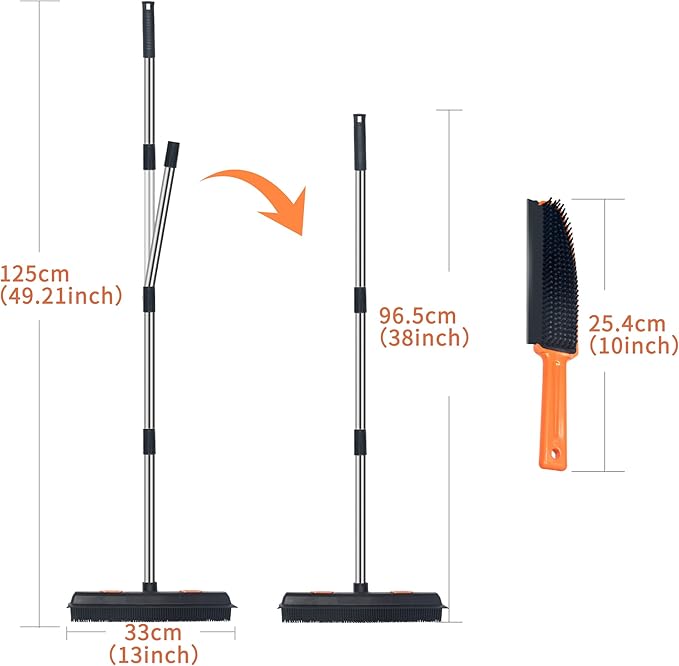 LandHope Carpet Rake for Pet Hair Remover Long Handle with Squeegee Rubber Broom Carpet Brush Non Scratch Bristles Fur Remover Indoor Outdoor Push Broom for Cat Dog Hair Hardwood Tile Windows Clean