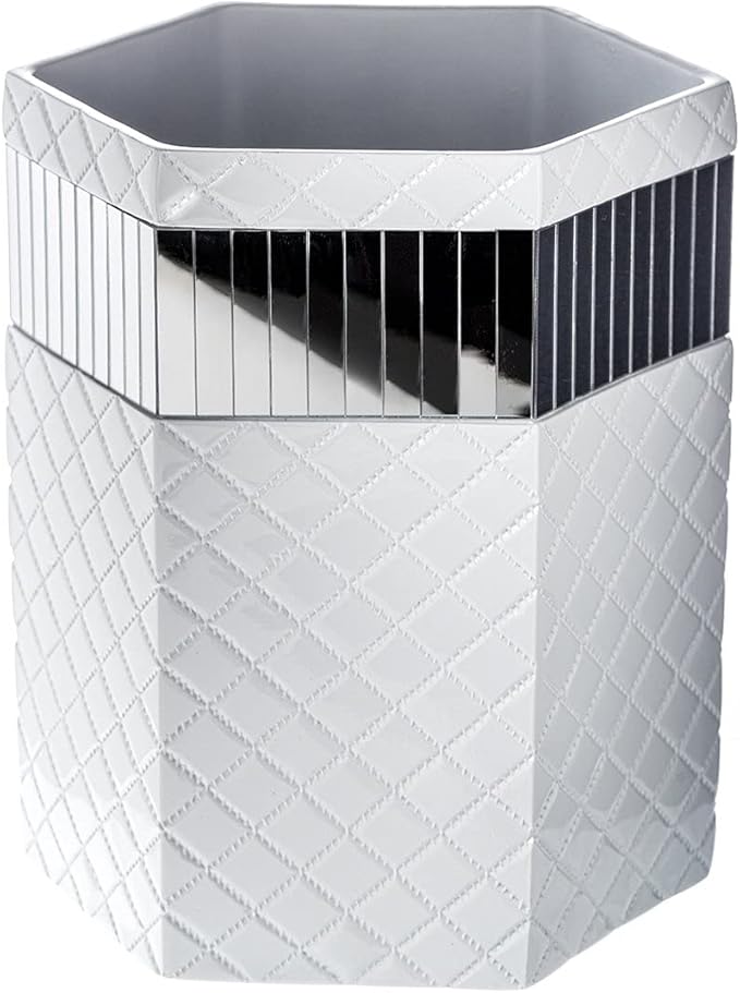 Creative Scents Quilted Mirror White Bathroom Accessories Set - Decorative 6 Piece Bathroom Set Includes: Trash Can Tissue Box Cover Soap Dispenser Toothbrush Holder Tumbler &amp Soap Dish