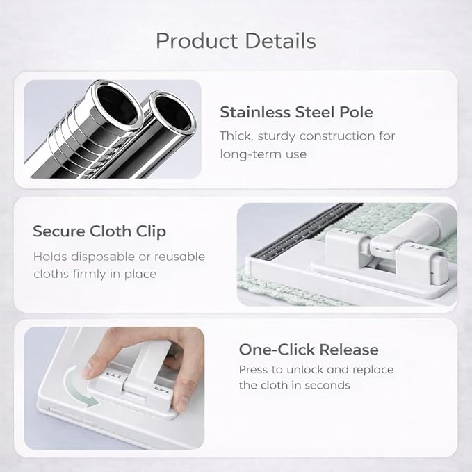 Convenient Cloth Changing Mini Mop Snap Grip Zero Touch Mini Mop(with 10 Cloth)Reusable  Wash-Free Minimop for Gaps &amp Multi-Surface 38inch Retractable and Adjustable (1PC)(White 28″)