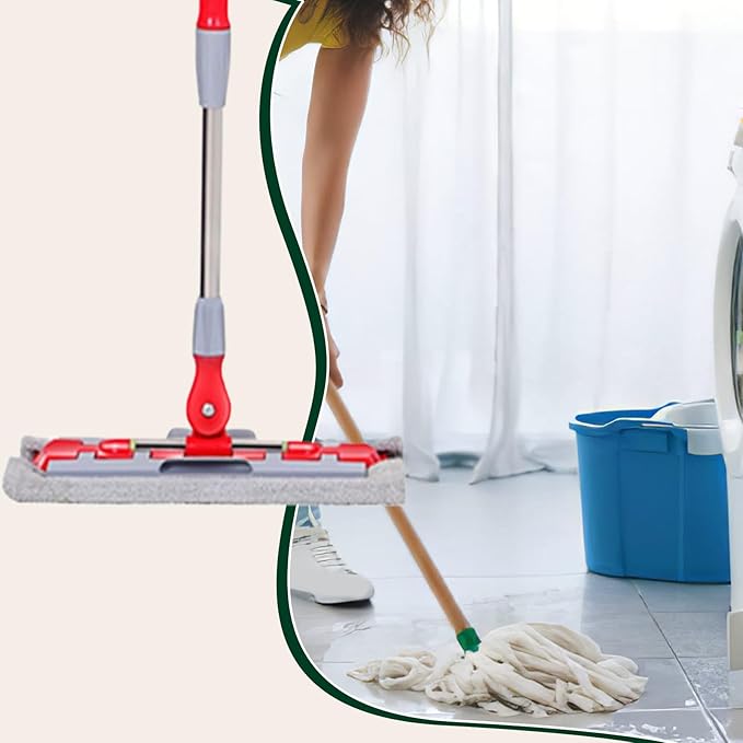 Mop - Microfiber Floor Cleaner | Quick-Dry Mop with 7 Washable Pads Adjustable Telescopic Handle for Home Kitchen Office and Tile Care Cyan Blue/Green and White/red