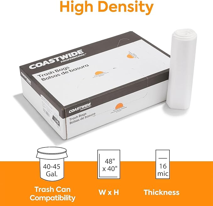 Professional 40-45 Gallon Trash Bag 40 x 48 High Density 16 mic Natural 250 Bags/Box