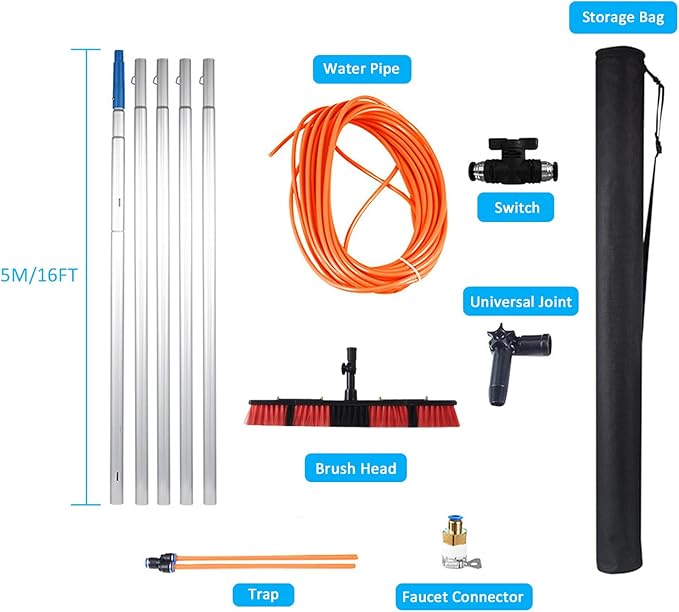 Window cleaning pole 3~12m extendable window cleaning kit window cleaning pole steel buckle fixing easy to installwith 20m water supply hose 50cm water hole large brush head Roof Cleaning Tools