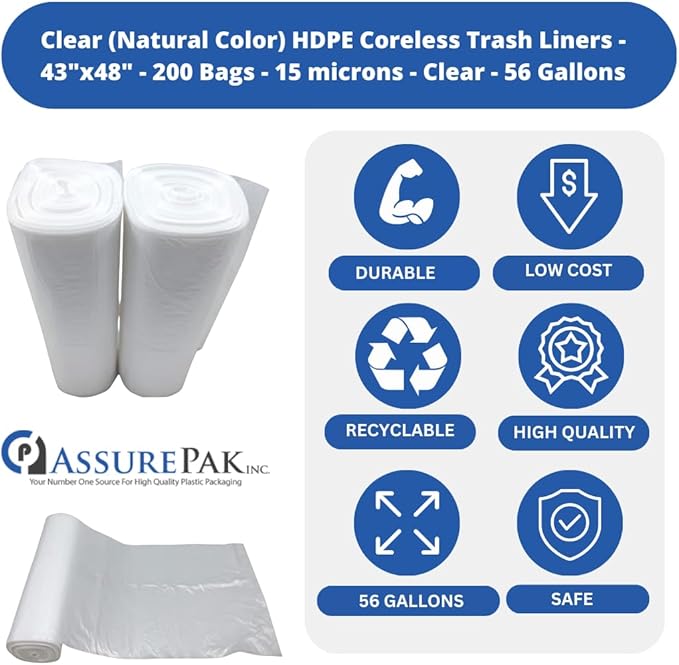 ASSUREPAK 56 Gallons Clear (Natural Color) HDPE Coreless Trash Liners - 43x48 - 200 Bags / 10 Rolls - 15 microns - Clear - TL434816MWF - AssurePak