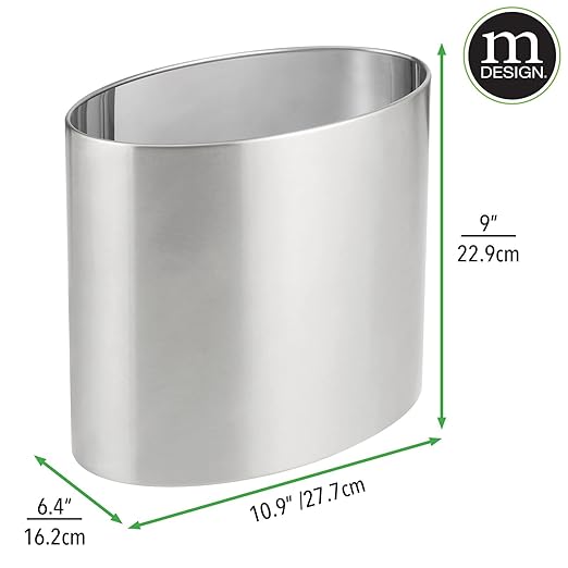 mDesign Stainless Steel Metal Oval Trash Can 7.9 Liter/2.09 Gallon Wastebasket Garbage Basket Bin for Bathroom Bedroom Kitchen Office Holds Waste and Recycle Mirri Collection Brushed/Chrome