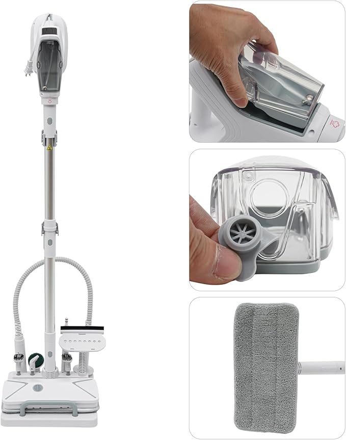 Steam Mop Cleaner 1300W Electric Steam Mop with Cord Wrap Box and Clean Kit 2 Steam Levels Adjustable Handheld Steam Cleaner for Living Room Kitchen Bedroom White+Silver 120V 140°C