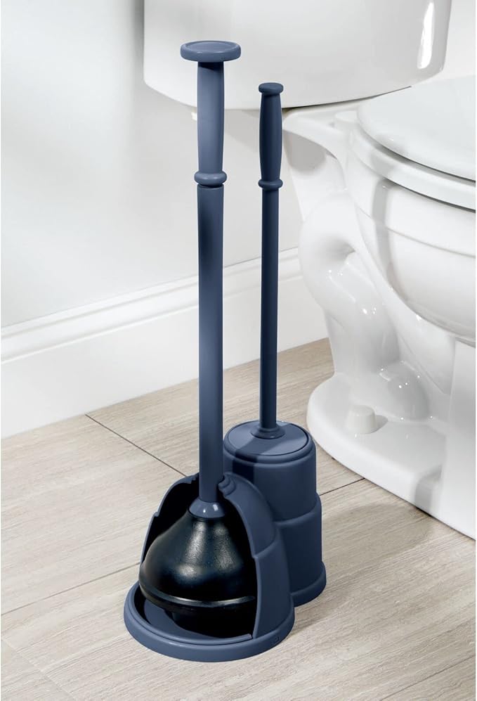 mDesign Plunger and Brush Set for Toilet Bowl - Hidden Modern Toilet Brush and Plunger Set with Caddy - Brush Cleaner and Plunger Combo with Holder for Bathroom - Hyde Collection - Navy Blue