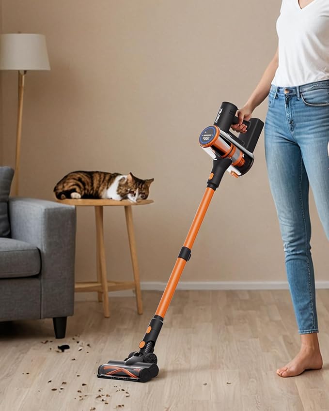 MOMAX Vacuum Cleaner for Home – Cordless Stick Vacuum with Powerful Suction Rechargeable Lightweight 45 Mins Runtime for Carpet Hard Floors Pet Hair Cat Litter (Orange &amp Black)