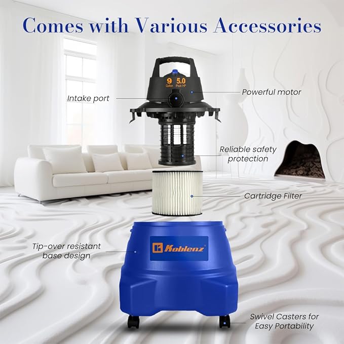 Koblenz Wet Dry Vacuum Cleaner 9.0 Gallon Tank 5.0 HP Powerful Vacuum for Dry and Wet Messes Vacuum Cleaner and Blower Accessories Included Black+Blue (WD-9 L212)