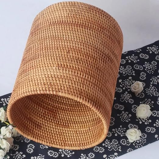 Koolouispoper Handmade Rattan Trash Can Cylinder Storage Desktop Trash Can Rattan Trash Can Storage Basket (20CM)
