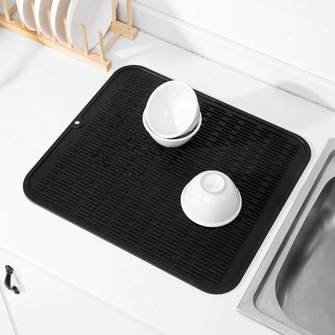 MicoYang Silicone Dish Drying Mat for Multiple UsageEasy cleanEco-friendlyHeat-resistant Silicone Mat for Kitchen Counter or SinkRefrigerator or Drawer Liner Black XL 18 inches x 16 inches