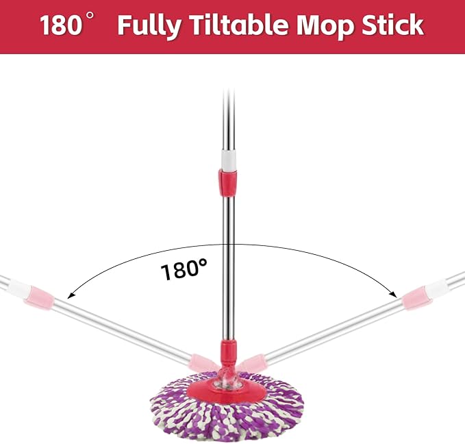 Spin Mop Replacement Handle 47.6-inch 360 Degrees Rotating Telescopic Replacement Mop Stick with Robust Reinforced Plastic Disc for Spin Mop Bucket Cleaning System (Plastic DiscRed)