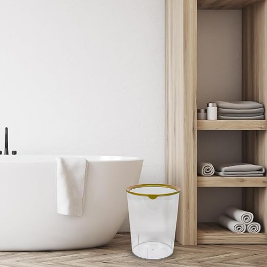 TEHAUX Transparent Round Trash Can Large Capacity Lightweight Desktop Wastebasket for Home Office Compact Impact-Resistant Storage Container with Fashionable Gold Rim