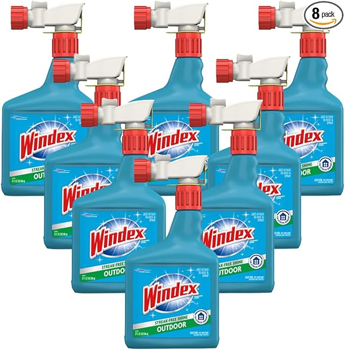 Windex Outdoor Window and Glass Cleaner for Hose Ammonia Free Concentrated Formula for Deep Outdoor Clean Patio Cleaner Compatible With All Hoses 32 Fl Oz (Pack of 8)