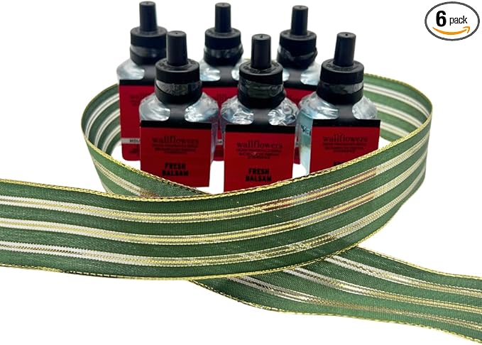 Bath &amp Body Works FRESH BALSAM Wallflowers Home Fragrance Refill Gift Set with 30-Inch Forest Green Ribbon and Metallic Gold Stripes &amp Sheer Accents for Holidays 0.8 fl oz each - Pack of 6