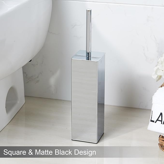 Chrome Square Stainless Steel Toilet Brush with Holder 304 Modern Toilet Brush Set – Rust Resistant Long Handle Replacement Heads Floor Standing Bathroom Toilet Cleaning Brush