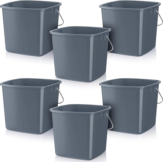 Zhehao 6 Pcs 3 Quart Bucket for Cleaning Small Sanitizer Bucket for Restaurant Square Plastic Pail with Handles for Home Offices Commercial Use Food Service(Gray)