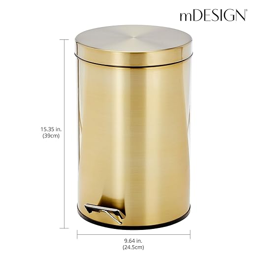 mDesign Tall 3.2 Gallon/12 Liter Round Metal Step Trash Can Wastebasket Garbage Container Bin fo Kitchen Bathroom Home - Removable Liner Bucket - Soft Brass