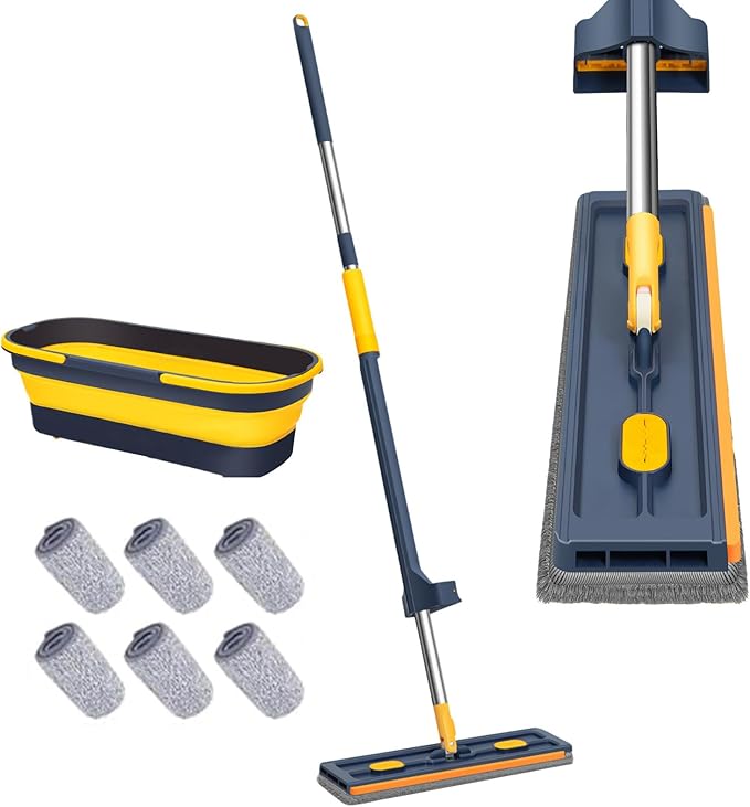 Microfiber Mop for Floor Cleaning and Wall Cleaner Long Handle Mops and Bucket Set with Fiber Pads Large 360° Rotatable Flat Mop for Home Living Room Bedroom