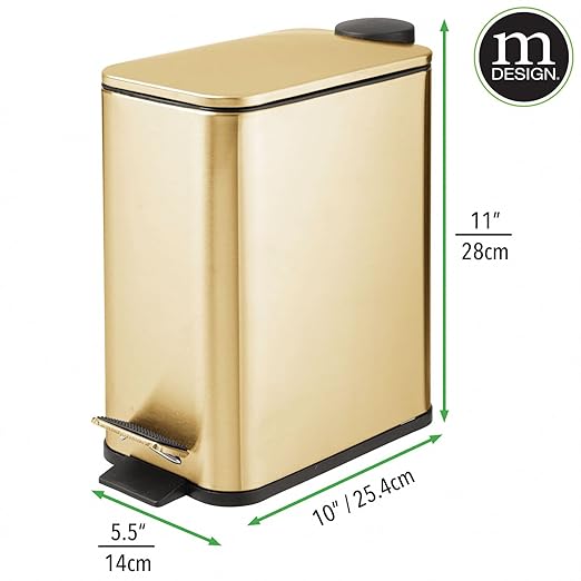mDesign 1.3 Gallon Rectangular Slim Metal Trash Can w/ Foot Pedal Easy-Close Lid Narrow Wastebasket Garbage Container Bin - Bathroom Bedroom Kitchen Home Office Removable Liner- Soft Brass