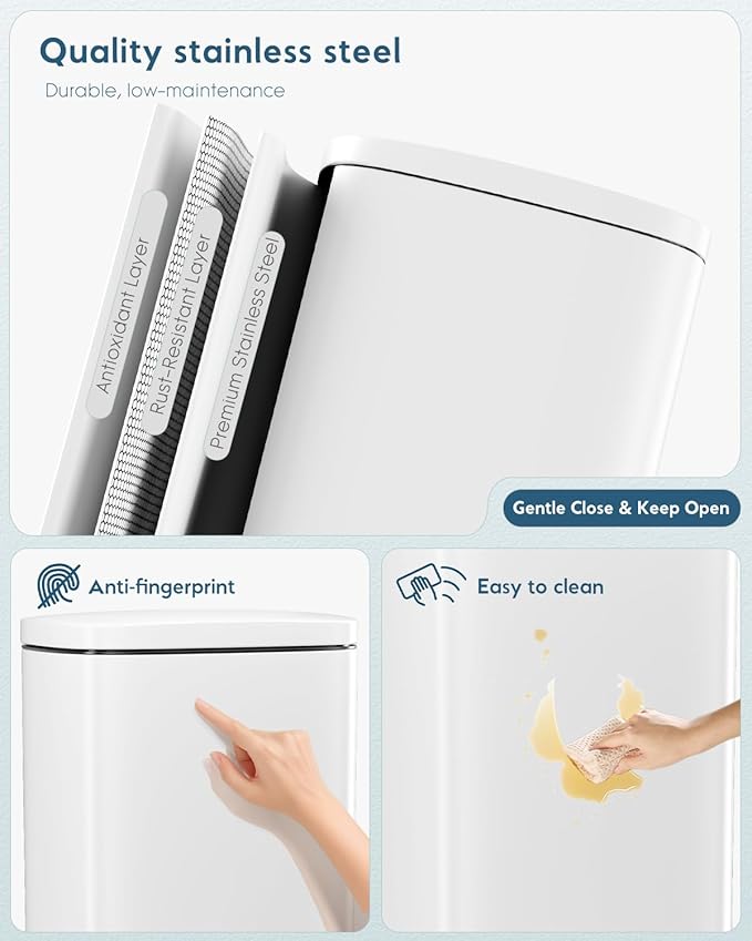 Arlopu13.2 Gallon Step Trash Can Stainless Steel Garbage Bin Soft-Close Rubbish Bin with Removable Plastic Inner Bucket Fingerprint-Proof Lid Dustbin Suit for Kitchen Home (White 50L)