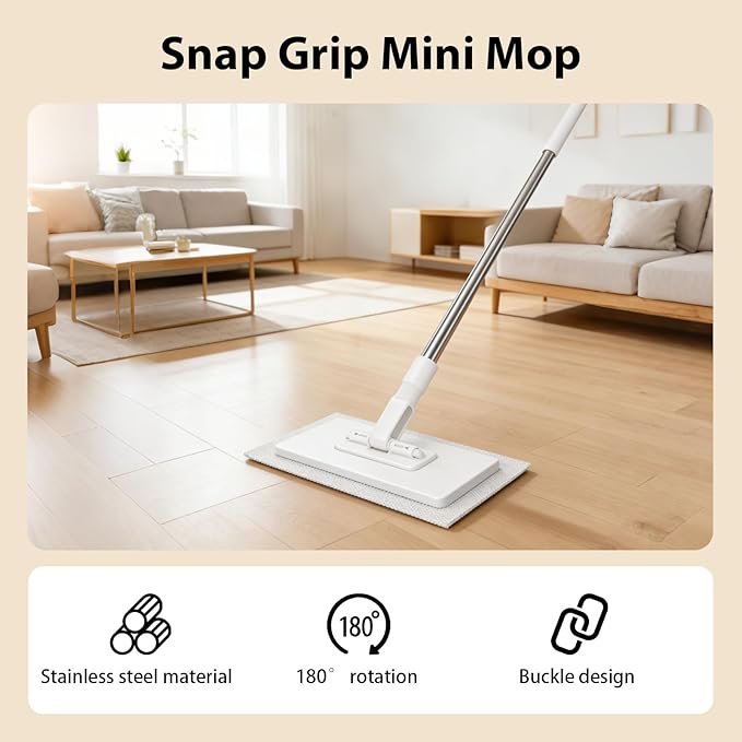Snap Grip Mini MopZero Touch Mini Mops with Locking HeadCloth ChangingDisposable Dust Mop with Reusable ClothsHandle Wet and Dry All Rags Can Be InstalledQuick InstallationNo Wash (15pcs)