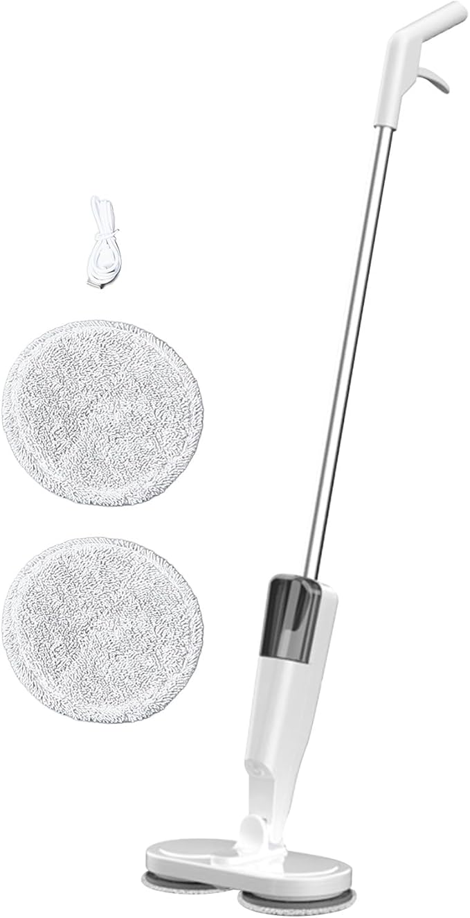 Electric Mop Rechargeable Lightweight Cordless Electric Mop with Water Sprayer for Hardwood Tile Marble Floors for Pet Hair and Dust Long Battery Life (White)