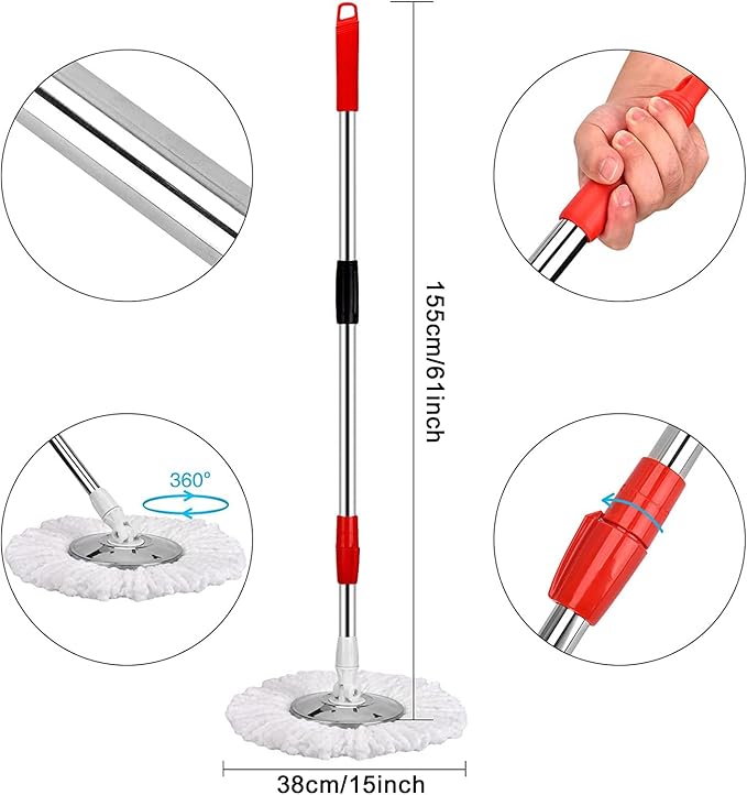 Mop and Bucket Set 360° Spin Mop and Bucket with Wringer Set and 6 Microfiber Mop Refills Stainless Steel 61 Extended Handle Spinning Mop Bucket System for Floor Cleaning (2 Sets)