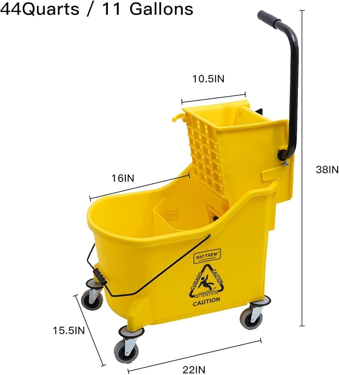 Matthew Cleaning 44Quart Commercial Mop Bucket INCL.Wet String Mop&amp 19'' Industrial Wet Floor Sign with Side Press Wringer On WheelsTandem Portable Floor Cleaning WavebrakeIdeal for Household