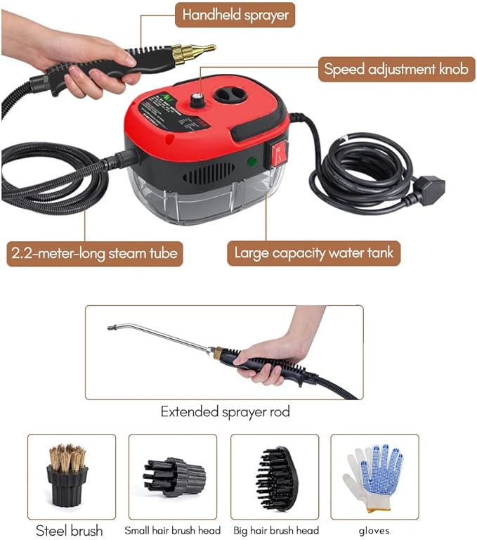 2500W Portable Handheld Steam Cleaner High Temperature Pressurized Steam Cleaning Machine with Brush Heads and Gloves for Kitchen Furniture Bathroom Car